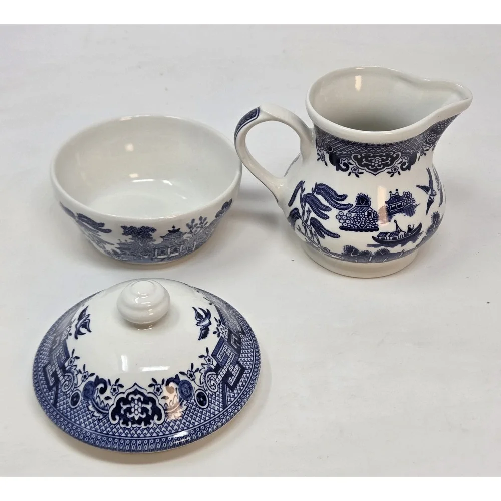 Churchill Blue Willow England Creamer Sugar Bowl Set New in Original Box
